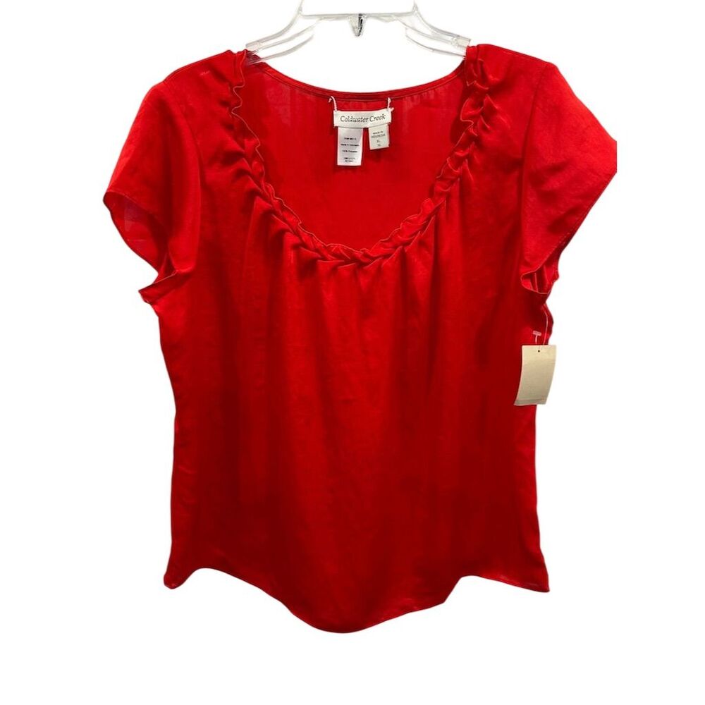 NWT Coldwater Creek Women's XL 16 Red Ruffle Neck Short Sleeve Blouse‎ Casual